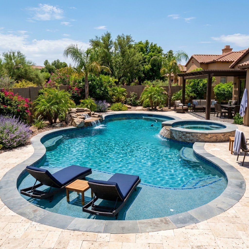 A luxury backyard scene featuring a custom-shaped gunite swimming pool with clear water, surrounded by premium stone decking and integrated landscaping, showcasing high-end outdoor living design