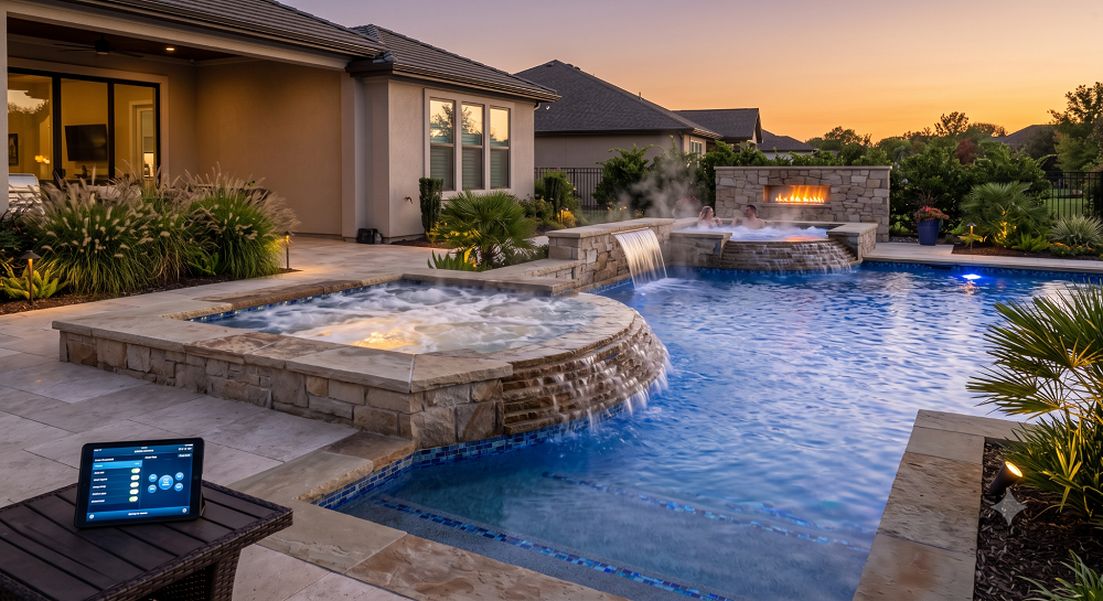 A luxury backyard at sunset featuring a custom gunite swimming pool with an integrated, raised stone spa. Heated water cascades from the bubbling hot tub into the illuminated blue pool below, while a tablet in the foreground displays a pool automation control interface on a patio table