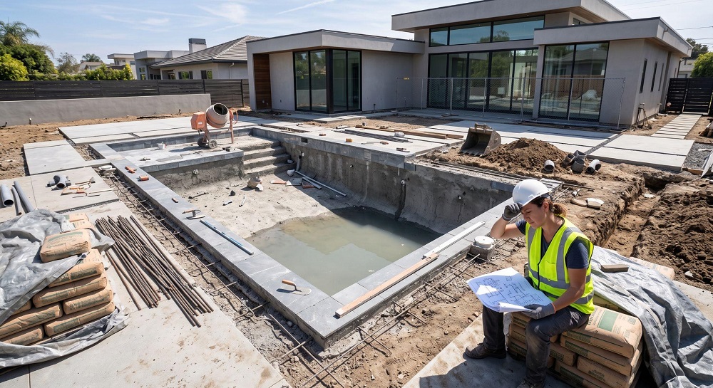 Modern residential backyard with a partially constructed swimming pool, construction materials and equipment visible around the pool area.